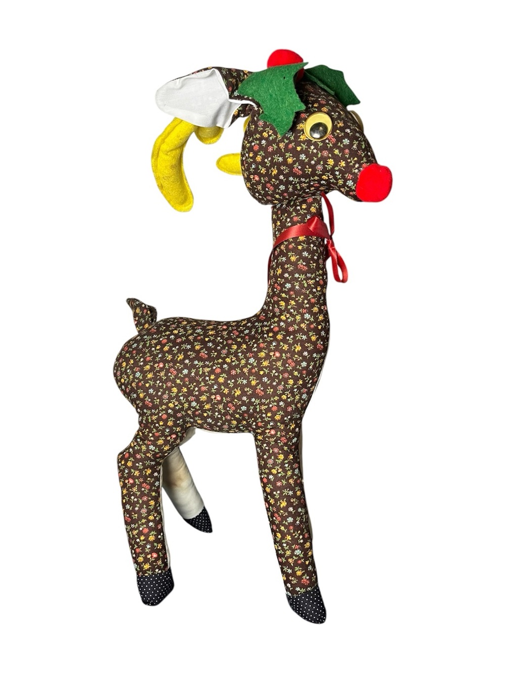 Vintage Handmade Floral Brown Deer Plush Christmas decoration retro 70’s Rudolph